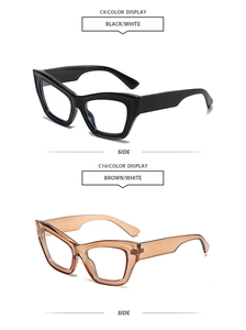 Detailed side view of vintage cat-eye sunglasses in black and transparent tea colors