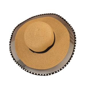Detailed top view of straw sun hat featuring black mesh brim and pearl embellishments