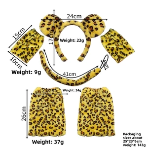 Detailed set of leopard print faux fur animal ears, tail, paws, and leg warmers for costumes