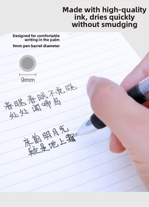 Macro detail of 0.5mm retractable gel pen showing 9mm barrel grip and fast-drying ink
