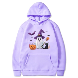 Light purple Halloween hoodie with ghost, pumpkin and bat graphics on white background
