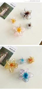 Macro detail of translucent floral hair claw clips with gradient colors and glitter finish