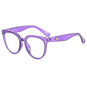 Stylish purple jelly round frame glasses with blue light blocking lenses and metal rivets