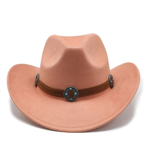 Detail of western cowboy hat with brown suede band and turquoise metal studs