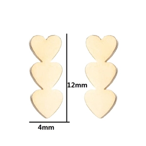 Three-tier gold heart earrings in vertical stack design, 12mm minimalist stud earrings