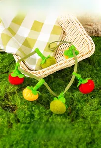 Close-up of handmade catnip plush toy fruits on a soft green background for cats