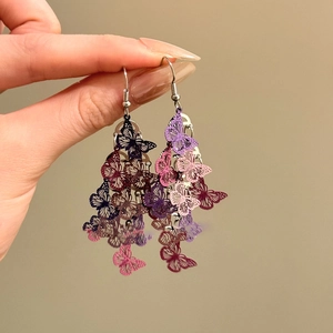 Vue détaillée des boucles d'oreilles papillon ajourées avec dégradé bleu et violet