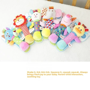 Set of six colorful plush animal rattles including elephant and lion for infant sensory play