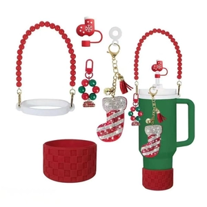 Christmas theme tumbler accessories with red silicone boot and shiny bead handle