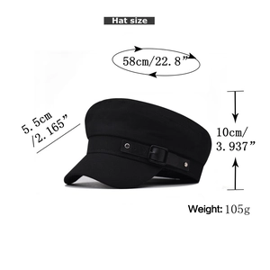 Detailed dimensions of the black cotton newsboy cap with 58cm head circumference