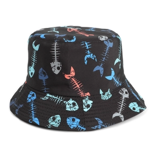 Detail of colorful fishbone print on reversible black bucket hat made of cotton fabric