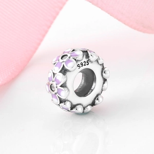 Perle charm en argent S925 avec fleurs en émail violet et accents de pierres claires