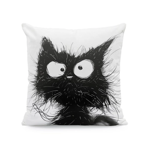 Square pillow cover featuring a unique black ink messy cat illustration on white fabric