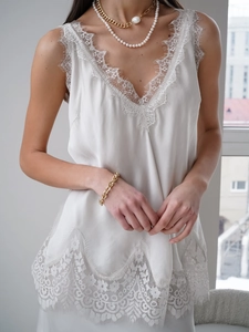 Elegant V-neck lace camisole for women featuring delicate eyelash lace trim in white