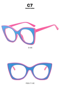 Cat eye glasses frame with pink and royal blue color block design, front and side views