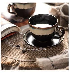 Macro shot of a retro ceramic coffee cup set on a rustic jute tassel placemat