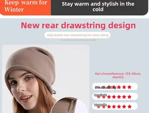 Detailed close-up of brown knit beanie with adjustable drawstring for 55-60cm head size