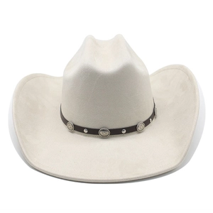 Detail of cream western cowboy hat with brown studded belt and sunburst metal buckle