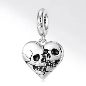 Gothic 925 Sterling Silver Heart Double Skull Pendant With Rhinestone DIY Jewelry Making Charm Accessory For Bracelets Women