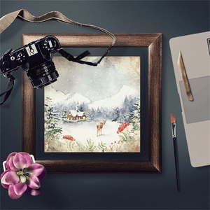 Close-up of vintage Christmas scrapbook paper with winter scenery in a wooden frame