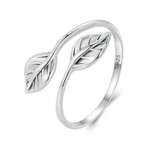 Minimalist 925 Sterling Silver Leaf Open Ring For Women Adjustable Fresh Style Plant Branch Wrap Ring Finger Jewelry Gift