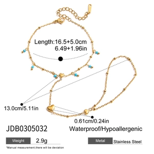 Detailed size specifications for turquoise bead and gold heart stainless steel bracelet