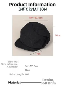 Size guide for denim newsboy hat showing circumference 54-59.5cm and soft brim details