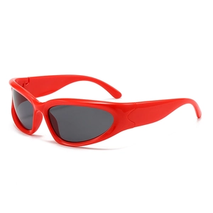 Futuristic red wraparound sports sunglasses with dark grey lenses in Y2K style