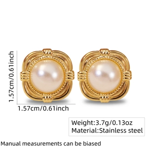 Macro detail of French vintage square earrings with pearl and gold stainless steel frame