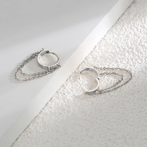 Silver hoop earrings with sparkling cubic zirconia and elegant double tassel chains