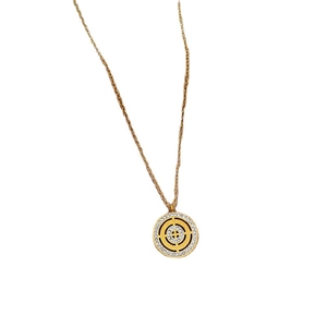 Titanium steel gold necklace with Roman disc pendant and small crystal on white background