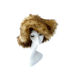 Detailed view of the thick fluffy texture and natural brown faux fur of the winter hat