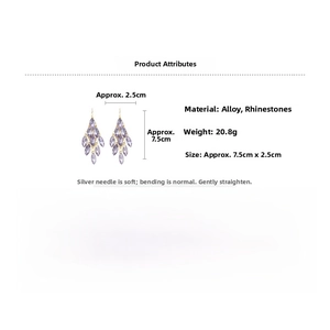 Detailed view of purple rhinestone fringe earrings with size 7.5cm and weight 20.8g