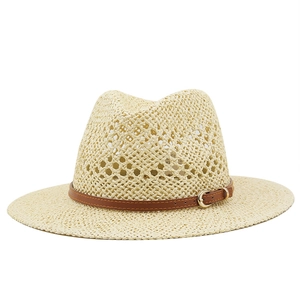 Handwoven straw fedora hat with hollow breathable pattern and brown belt trim