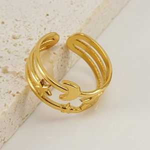 18K gold plated stainless steel open ring featuring hollow star and moon charms