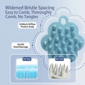 Blue silicone scalp massager brush with wide tooth design and hanging hook for hair washing