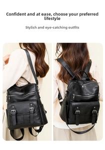 Dual view of women's black faux leather backpack with fringe and double buckles