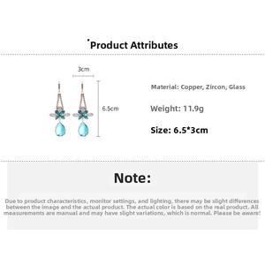 Detail specifications of blue teardrop flower earrings measuring 6.5x3cm and 11.9g weight