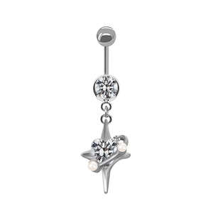 Detailed view of silver heart zircon belly ring with cross star and pearl pendant