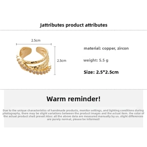 Detailed specs of golden triple-layered zircon ring made of copper weighing 5.5g