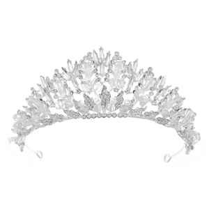 Close-up of handmade bridal tiara with silver alloy frame and shimmering crystals