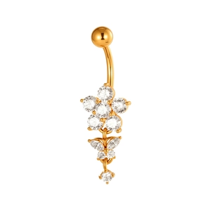 Golden belly button ring with butterfly flower pendant and sparkling cubic zirconia crystals