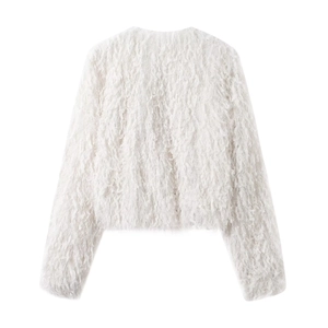 Women Faux Fur Jacket French Style Fringe Tassel Long Sleeve Autumn Winter White Polyester Streetwear Outerwear