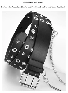 Detail of punk belt with metal grommets, star studs, zinc alloy buckle and chains
