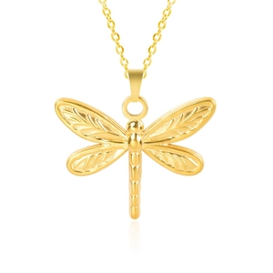 Detailed close-up of a golden dragonfly pendant necklace on a pure white background