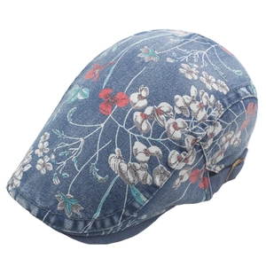 Casquette plate en jean bleu pour femme avec imprimé floral et boucle en métal