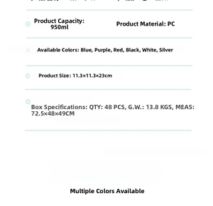 Detailed specifications for 950ml PC plastic gourd water bottle with 8 colors and dimensions