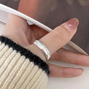 925 Sterling Silver Ring Irregular Hammered Texture Open Adjustable Minimalist Retro Fashion Jewelry For Women