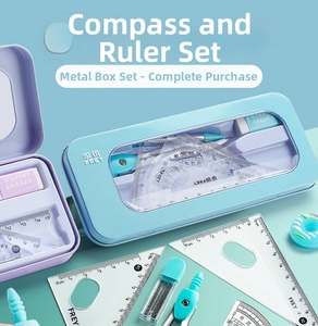 Close-up of a 7-piece math geometry set with compass and rulers in a blue metal case