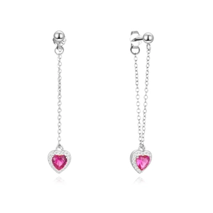 Macro detail of S925 silver heart tassel earrings with pink cubic zirconia stones